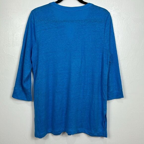 Chico’s Blue Linen 3/4 Sleeves White Embroidery Blouse Top Size L - Picture 3 of 7